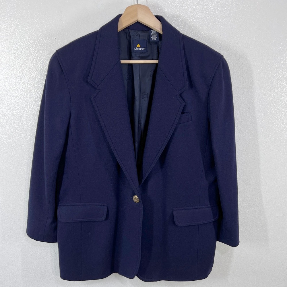 Vtg. Lizsport Wool Blazer Women 14 Navy Blue Gold Crest Buttons Classic Preppy